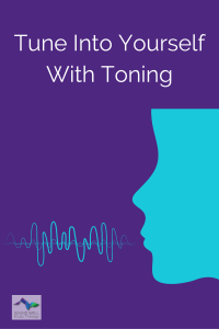 Image of an illustrated face in silhouette with sound waves coming out of the mouth. Caption says, "Tune into yourself with toning."